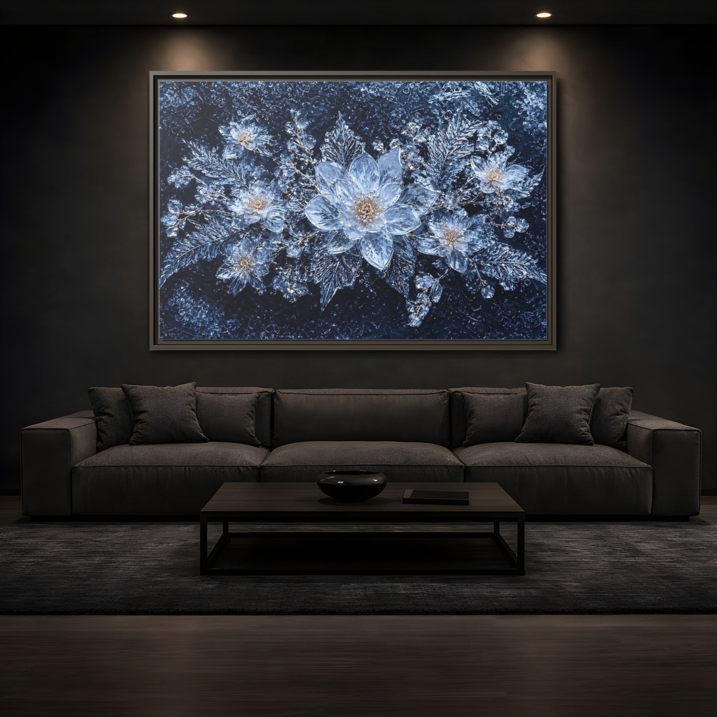Mockup 3. Floral Ice Flowers Icy Blue shown as stretched canvas wall art