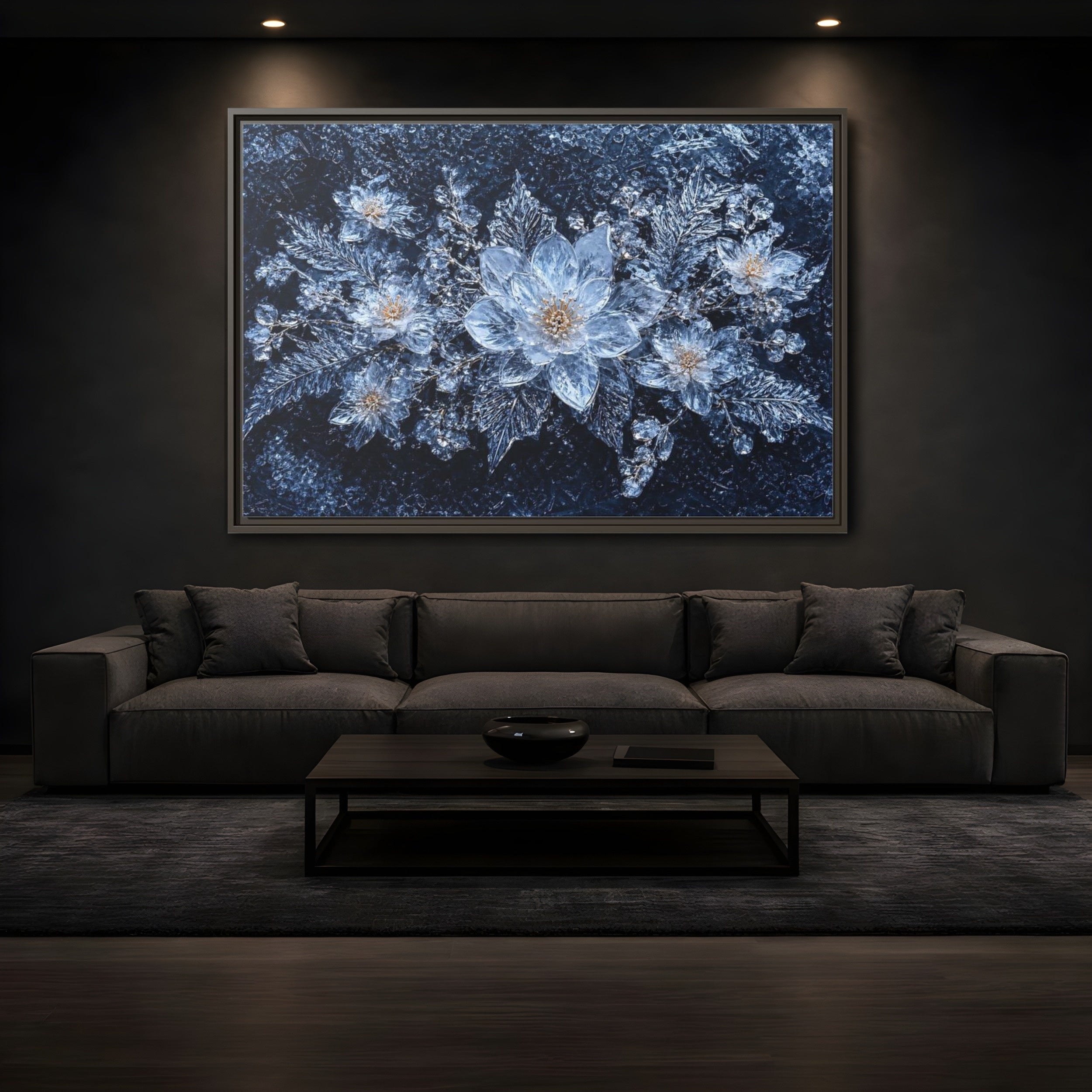 Mockup 3. Floral Ice Flowers Icy Blue shown as stretched canvas wall art