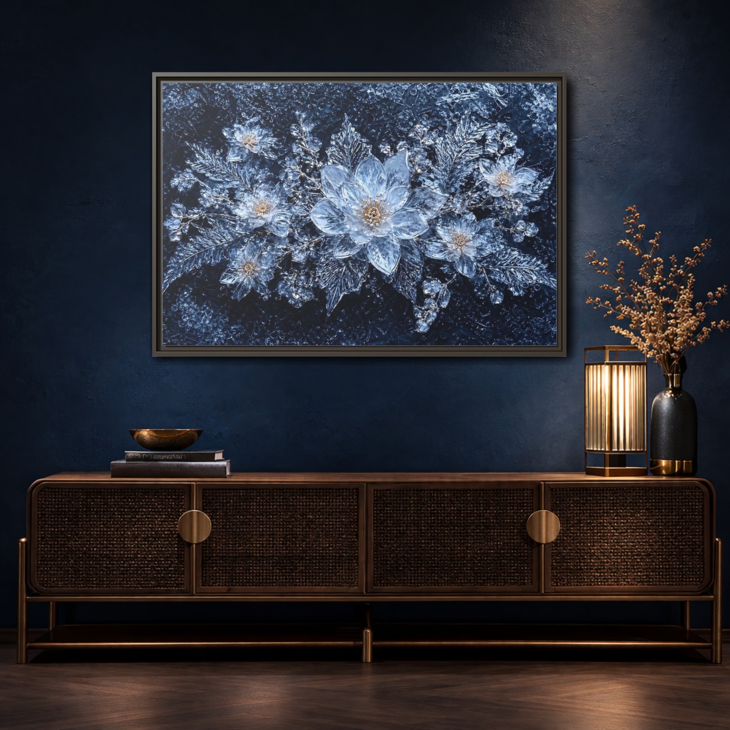Mockup 4. Floral Ice Flowers Icy Blue shown as stretched canvas wall art