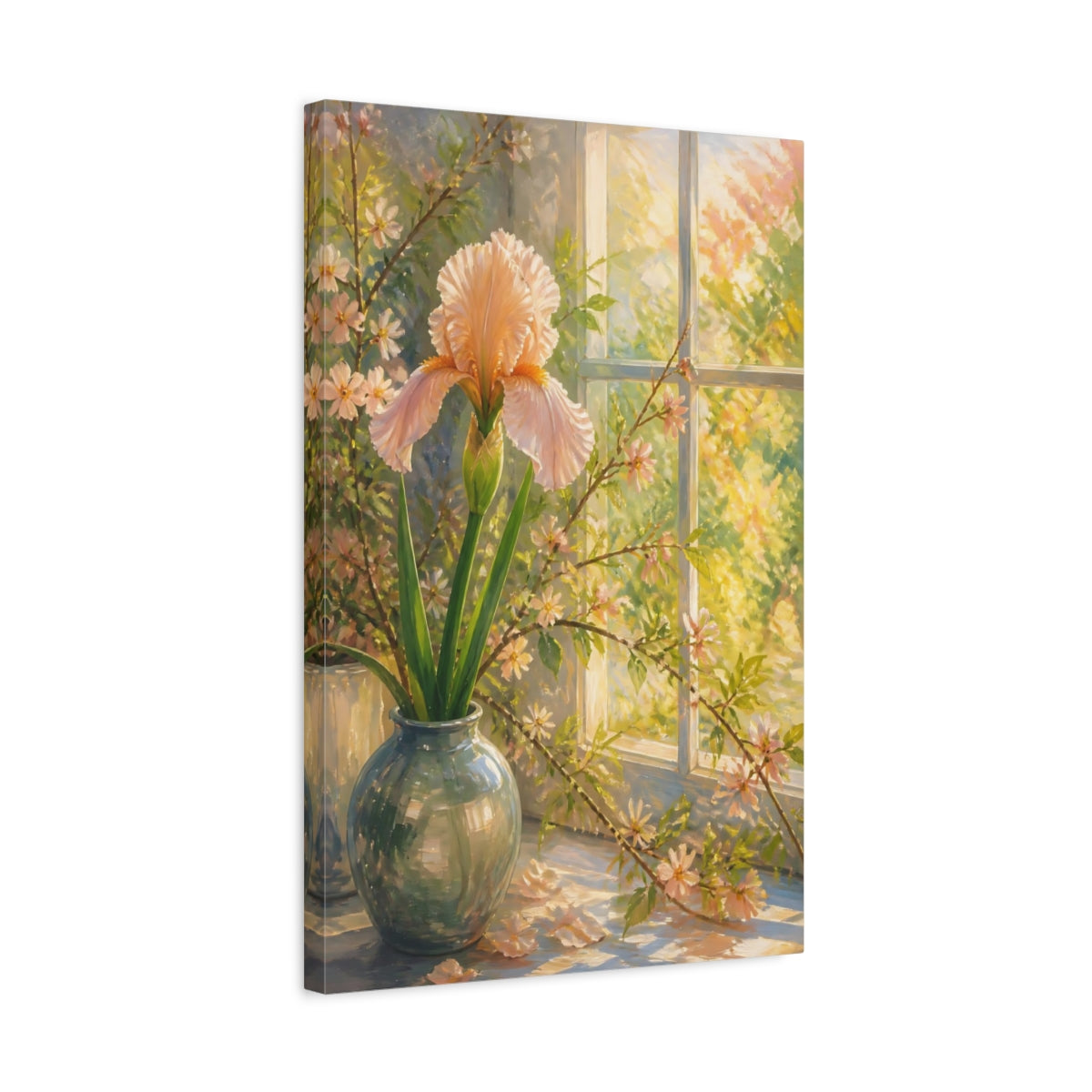 Side Mockup 3. Floral Iris Flower Peach Iris shown as stretched canvas wall art
