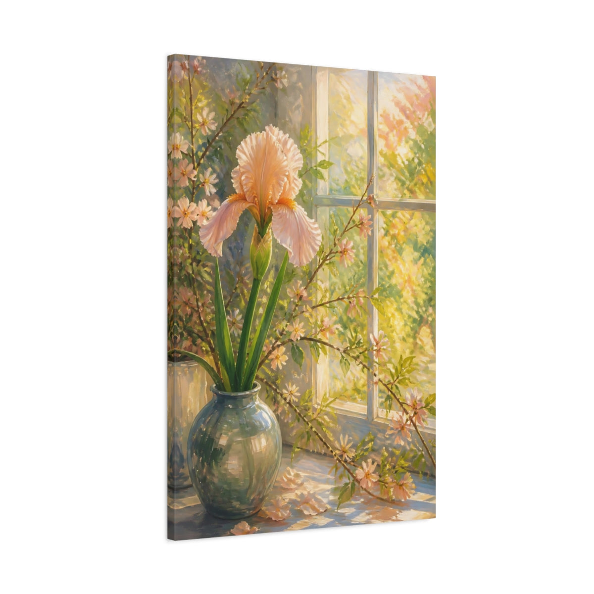 Main Mockup. Floral Iris Flower Peach Iris shown as stretched canvas wall art