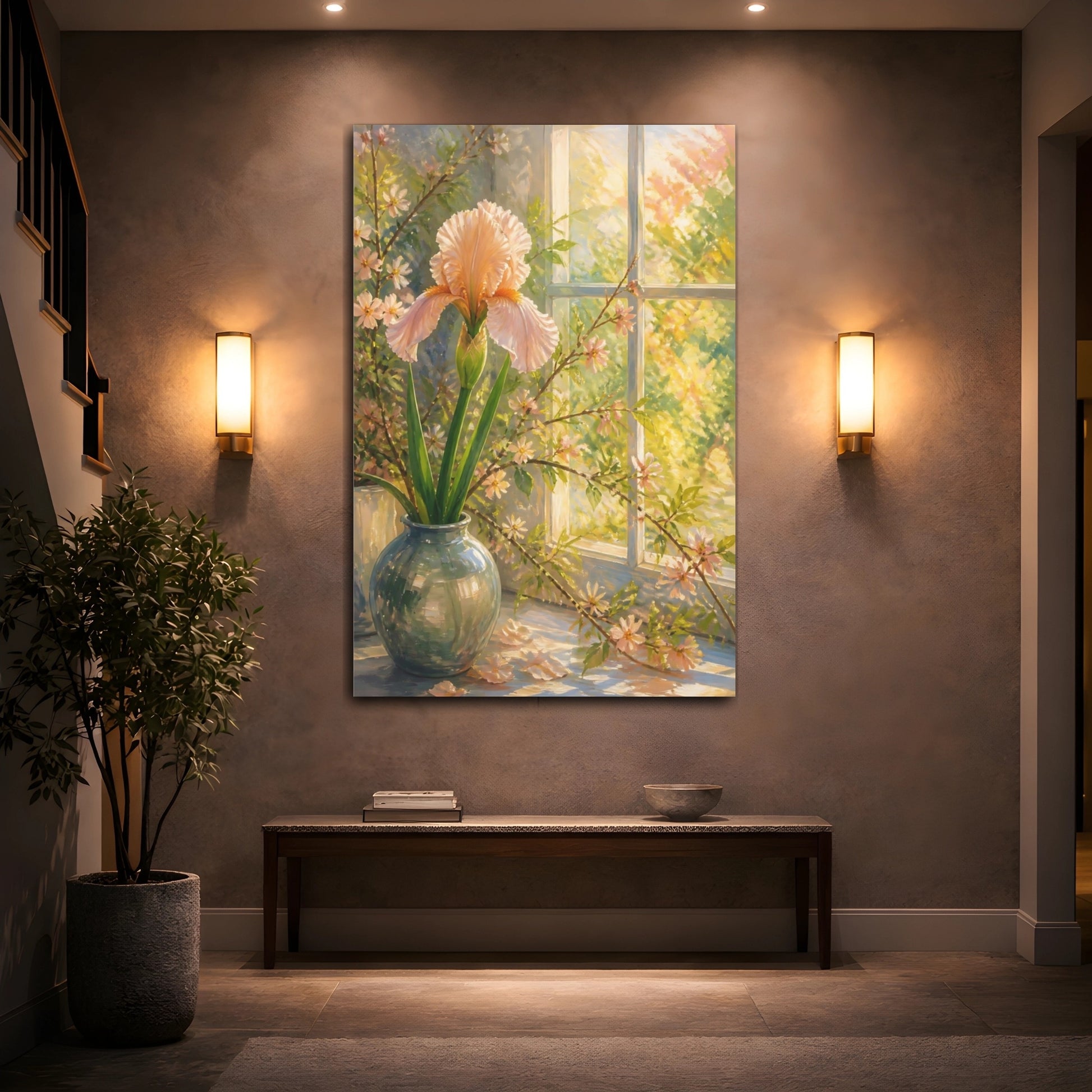 Mockup 2. Floral Iris Flower Peach Iris shown as stretched canvas wall art