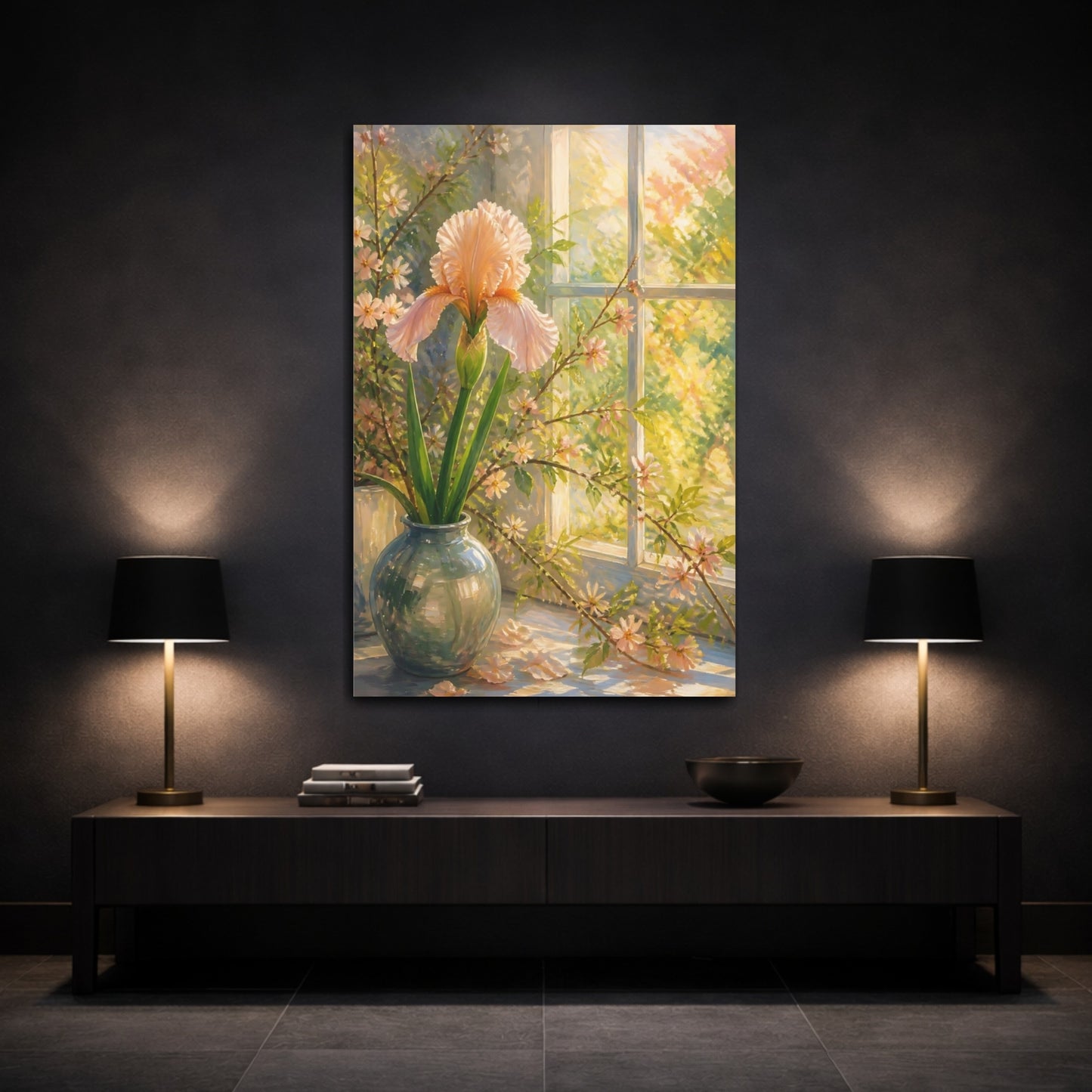 Mockup 3. Floral Iris Flower Peach Iris shown as stretched canvas wall art