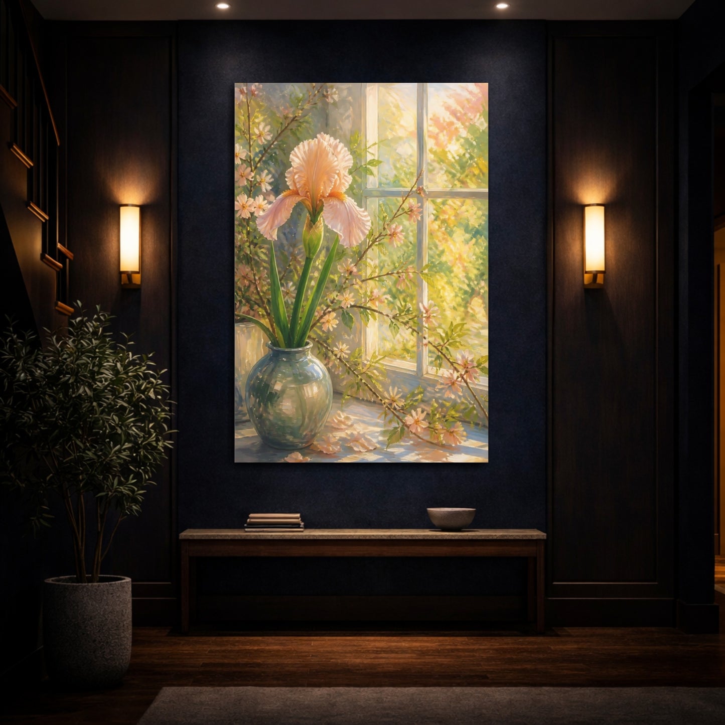 Mockup 4. Floral Iris Flower Peach Iris shown as stretched canvas wall art
