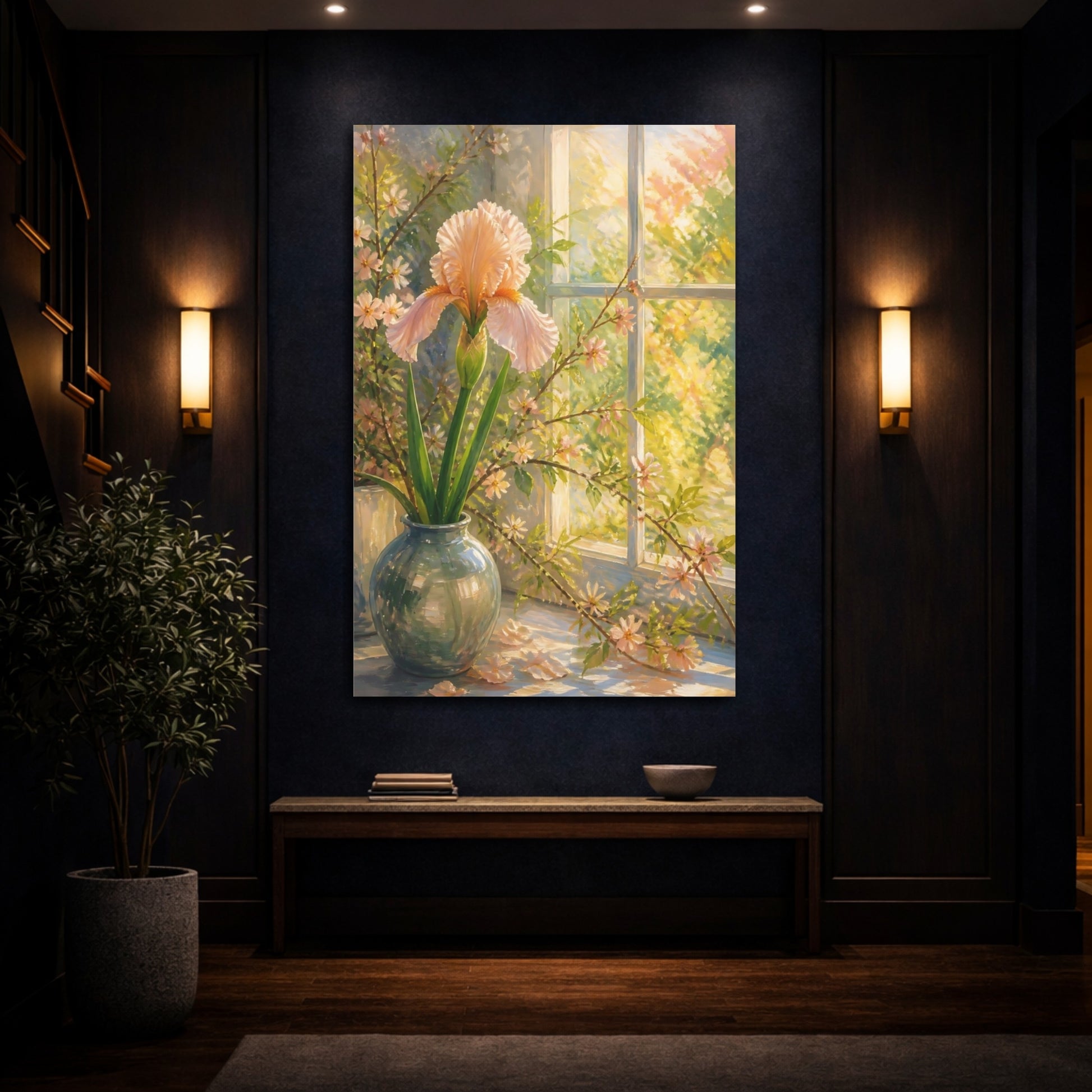Mockup 4. Floral Iris Flower Peach Iris shown as stretched canvas wall art