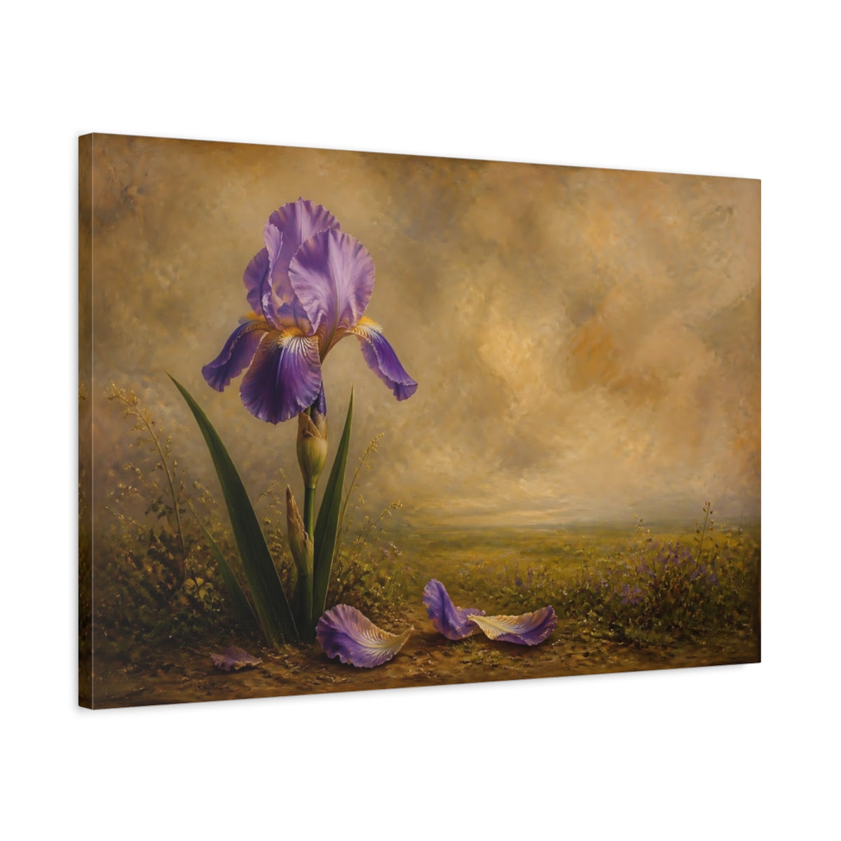 Side Mockup 2. Floral Iris Flower Purple And Brown shown as stretched canvas wall art