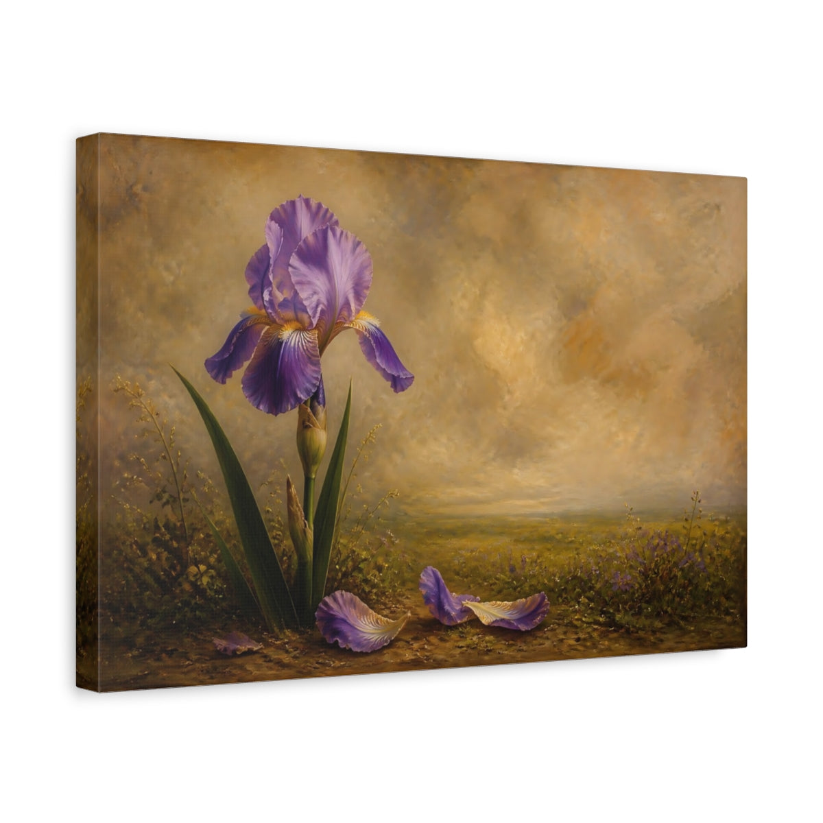 Side Mockup 4. Floral Iris Flower Purple And Brown shown as stretched canvas wall art