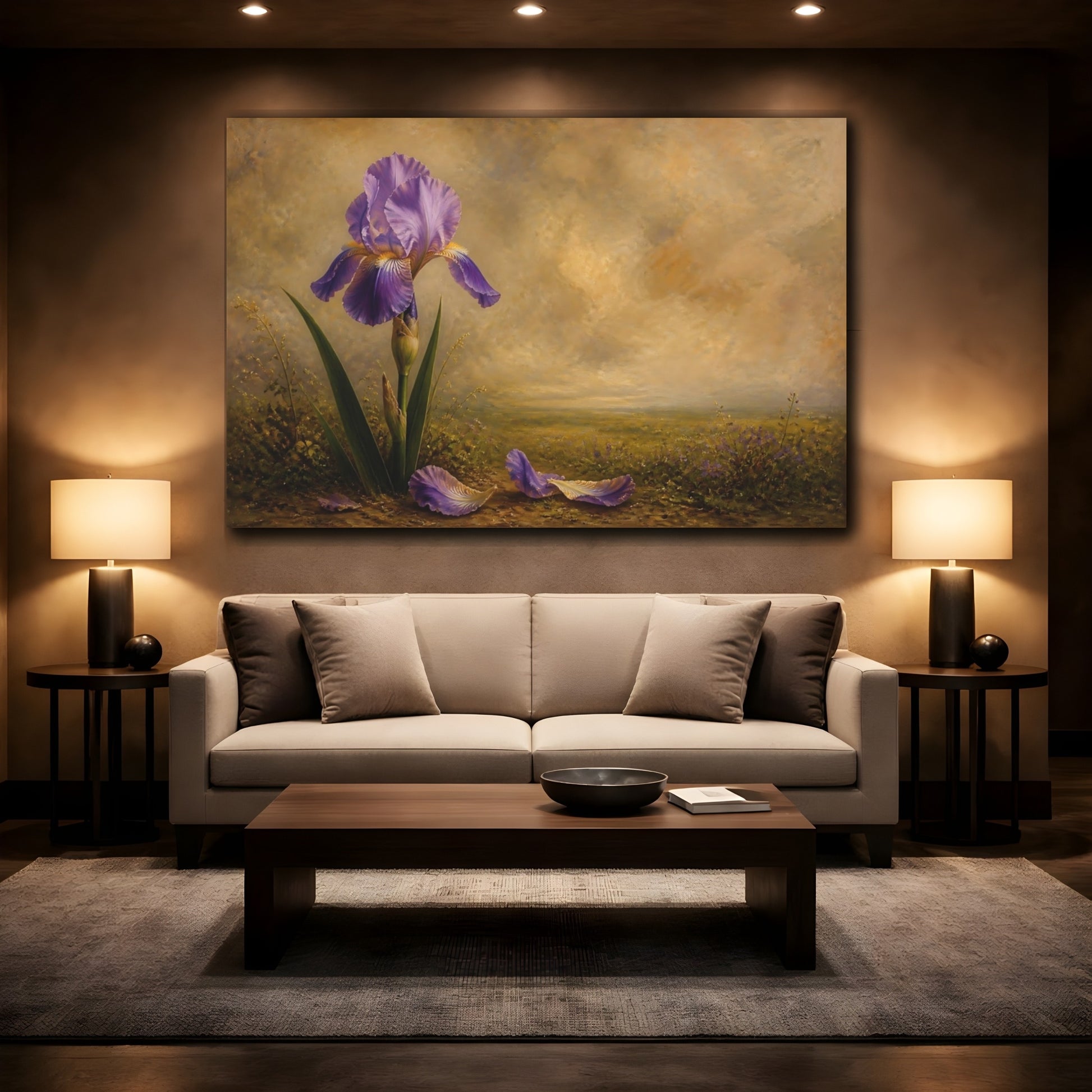 Mockup 2. Floral Iris Flower Purple And Brown shown as stretched canvas wall art