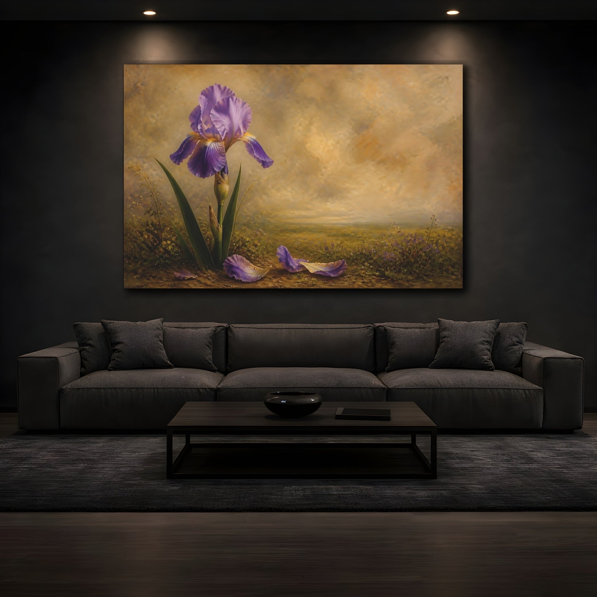 Mockup 3. Floral Iris Flower Purple And Brown shown as stretched canvas wall art
