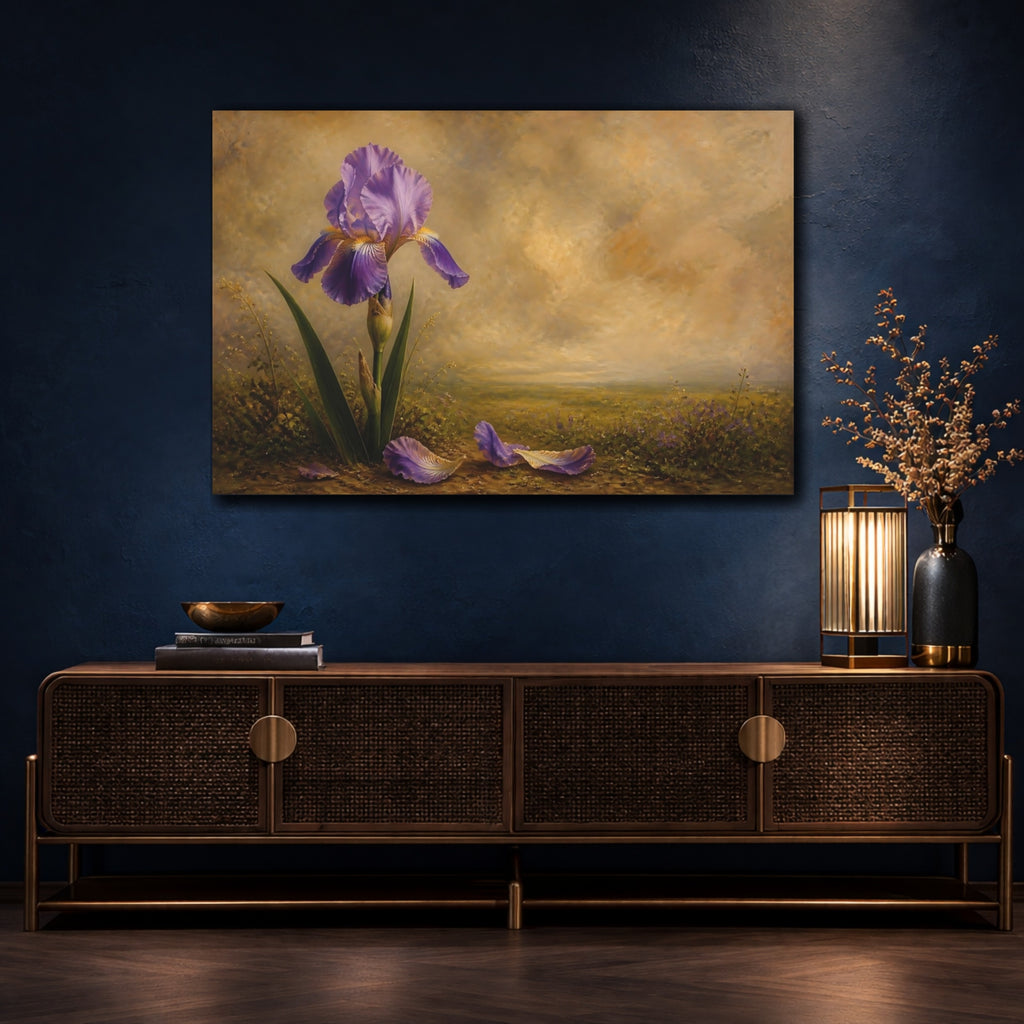 Mockup 4. Floral Iris Flower Purple And Brown shown as stretched canvas wall art