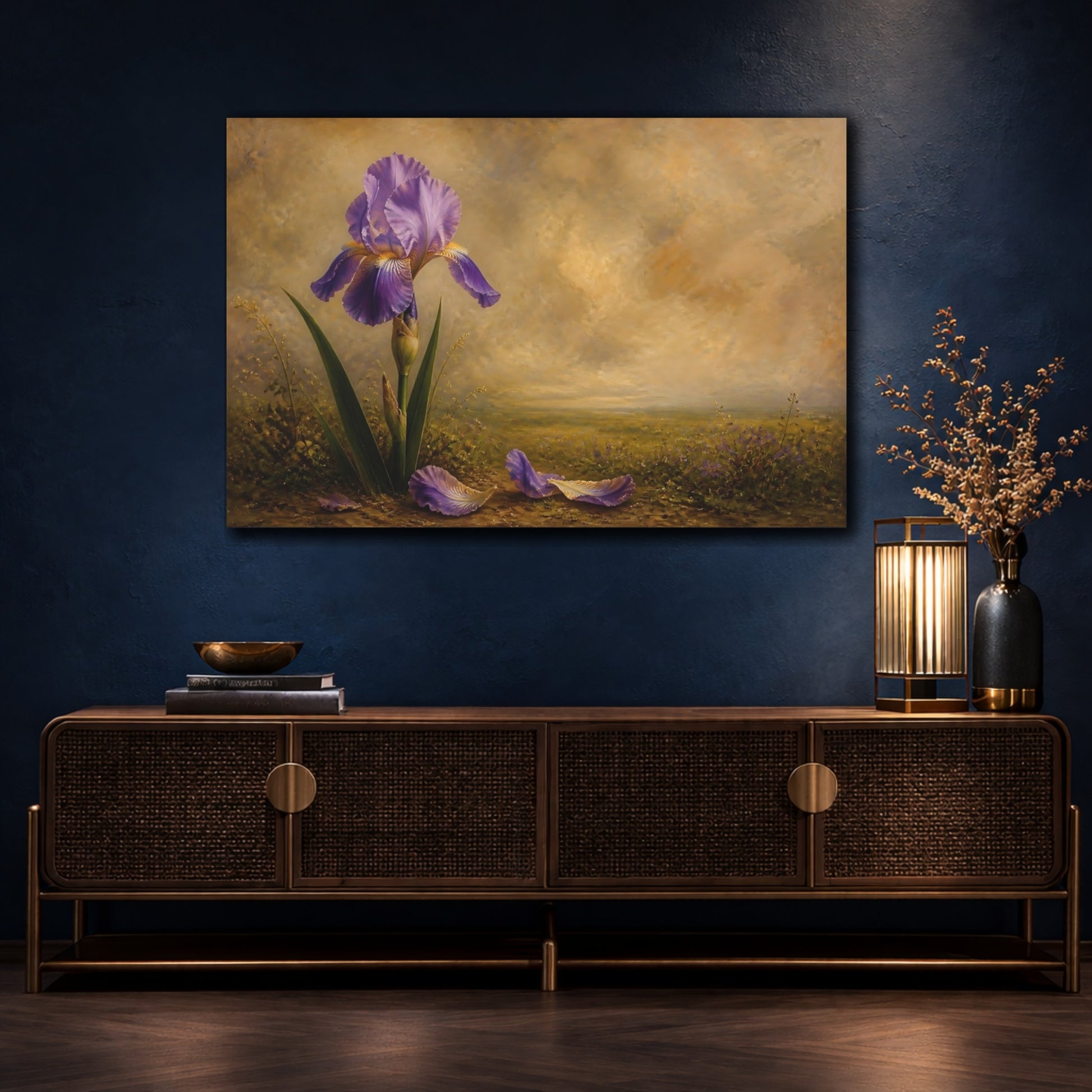 Mockup 4. Floral Iris Flower Purple And Brown shown as stretched canvas wall art