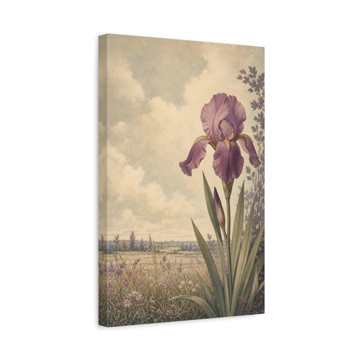 Side Mockup 4. Floral Iris Flower Purple Floral shown as stretched canvas wall art
