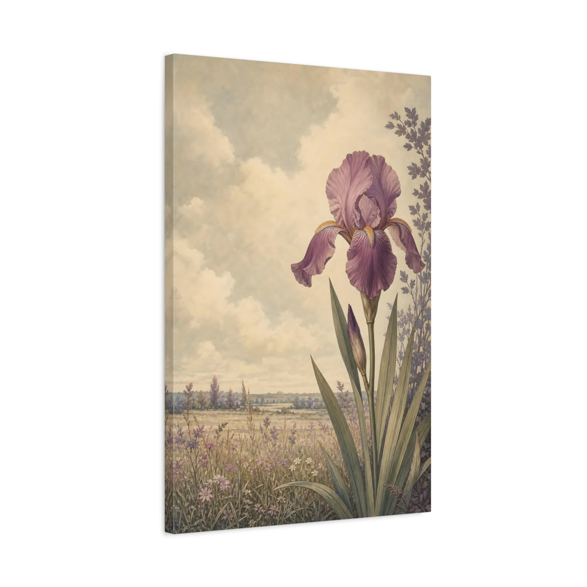 Side Mockup 2. Floral Iris Flower Purple Floral shown as stretched canvas wall art