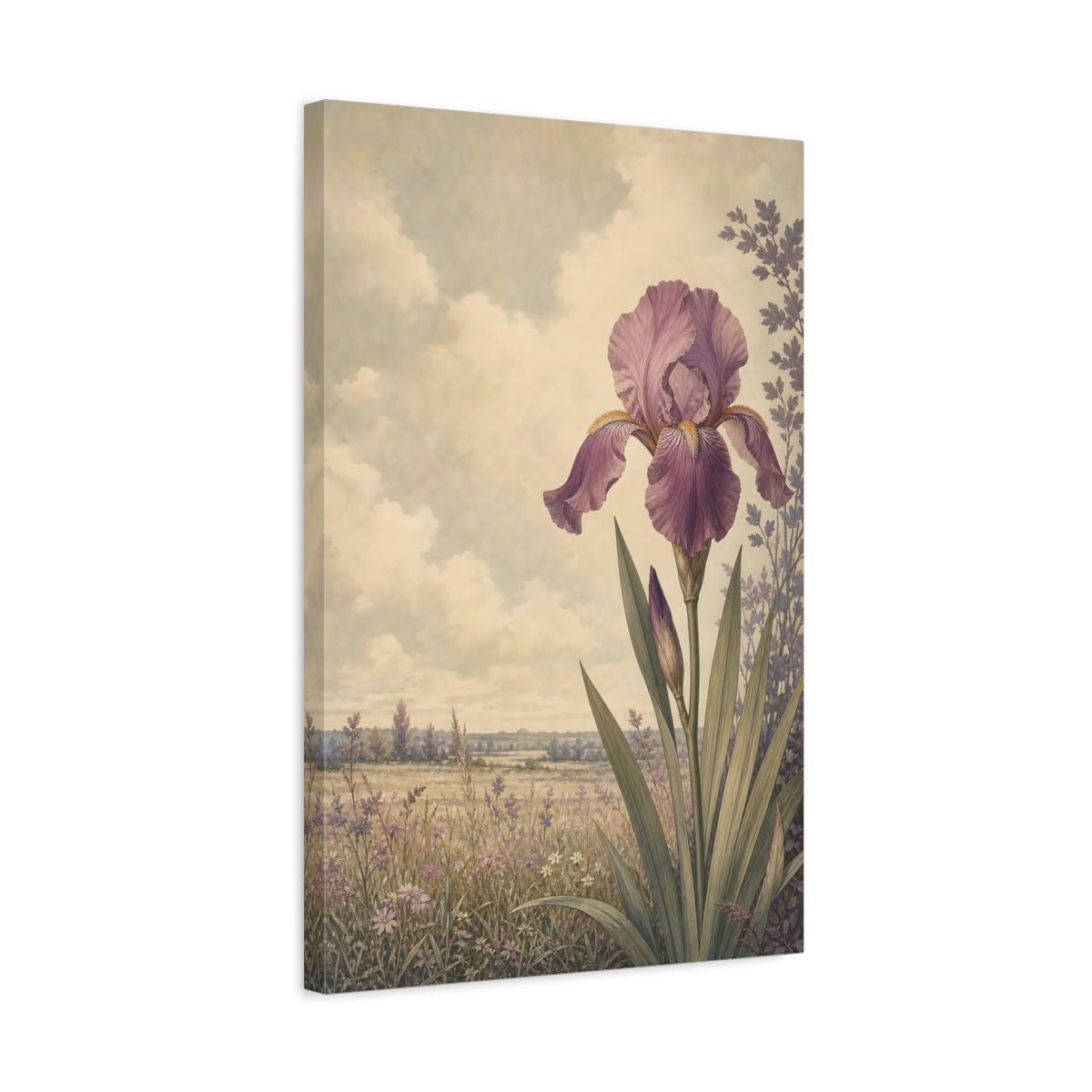 Side Mockup 3. Floral Iris Flower Purple Floral shown as stretched canvas wall art