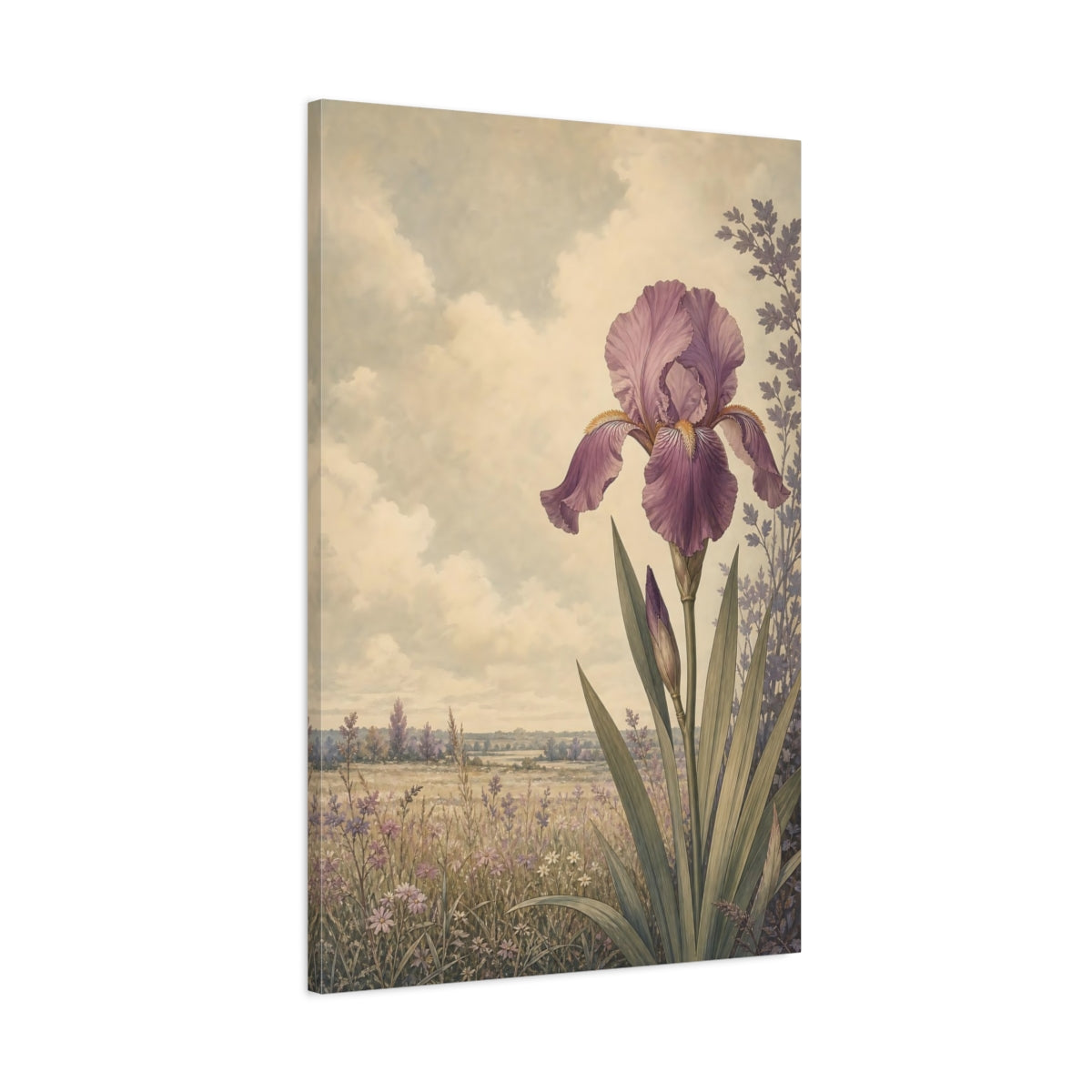 Main Mockup. Floral Iris Flower Purple Floral shown as stretched canvas wall art
