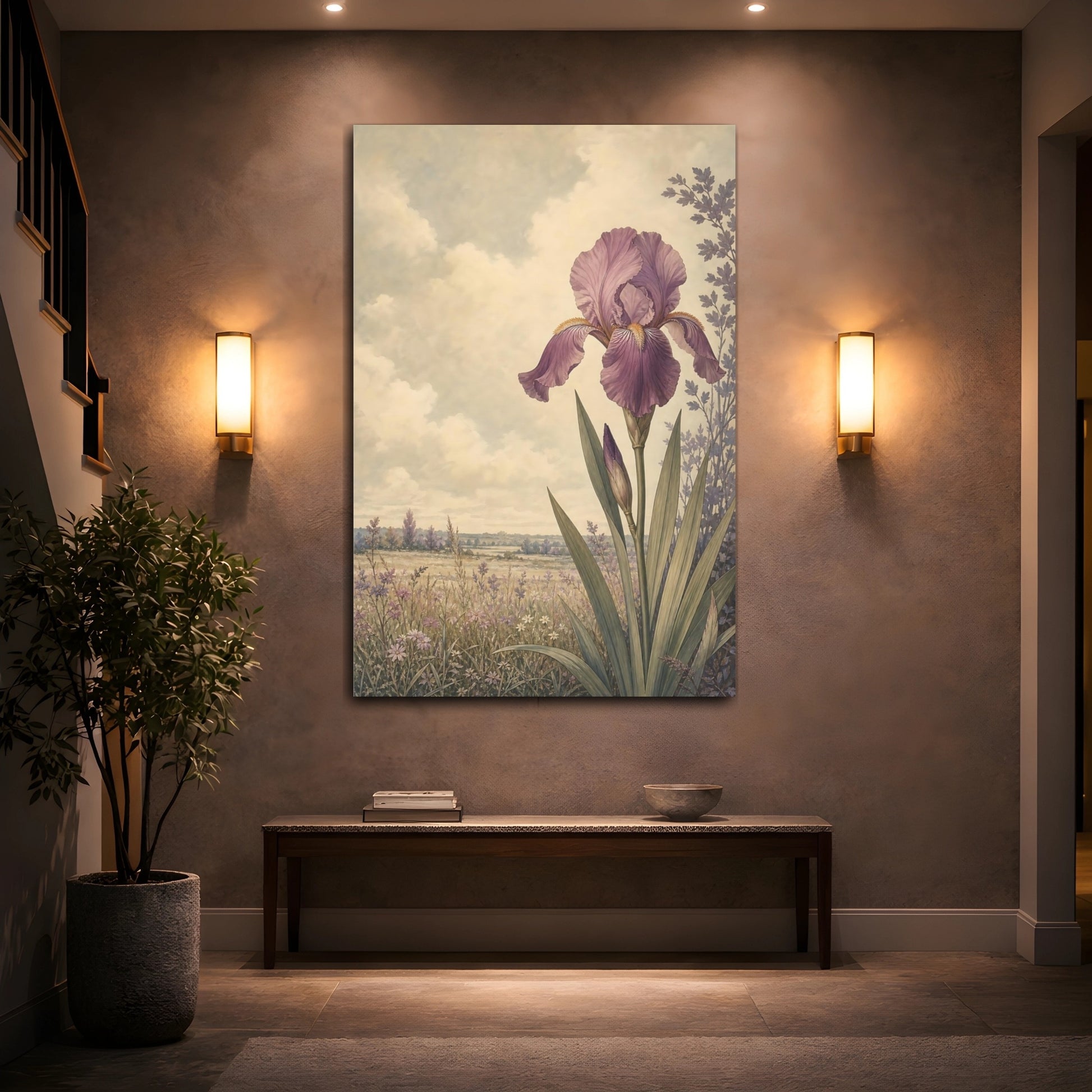 Mockup 2. Floral Iris Flower Purple Floral shown as stretched canvas wall art