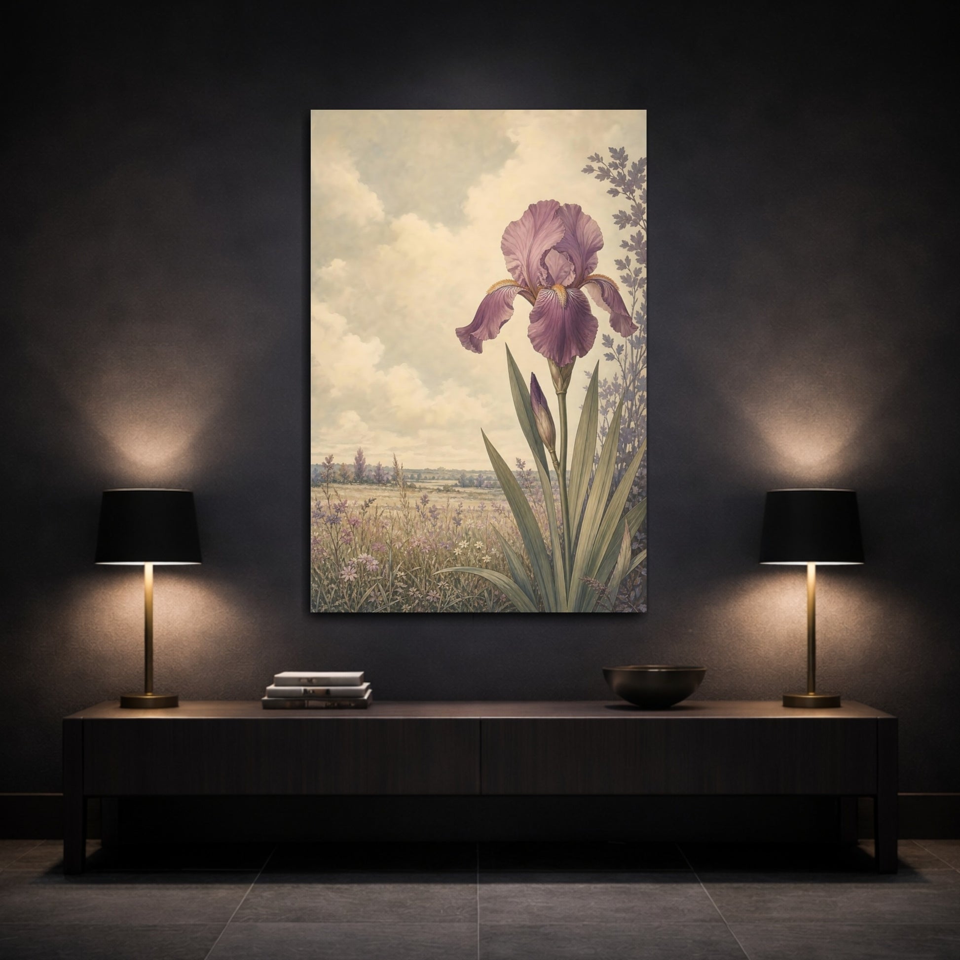 Mockup 3. Floral Iris Flower Purple Floral shown as stretched canvas wall art