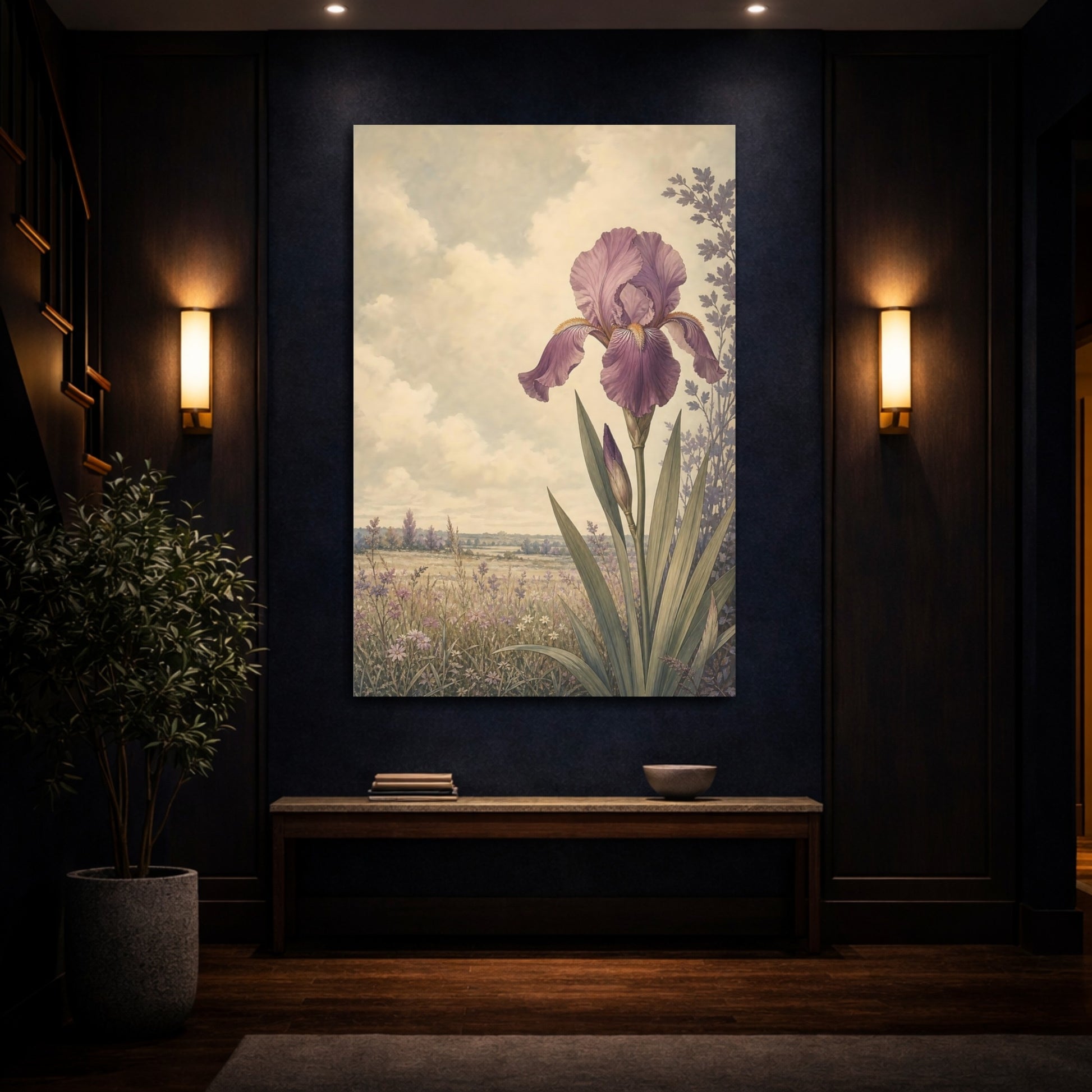 Mockup 4. Floral Iris Flower Purple Floral shown as stretched canvas wall art