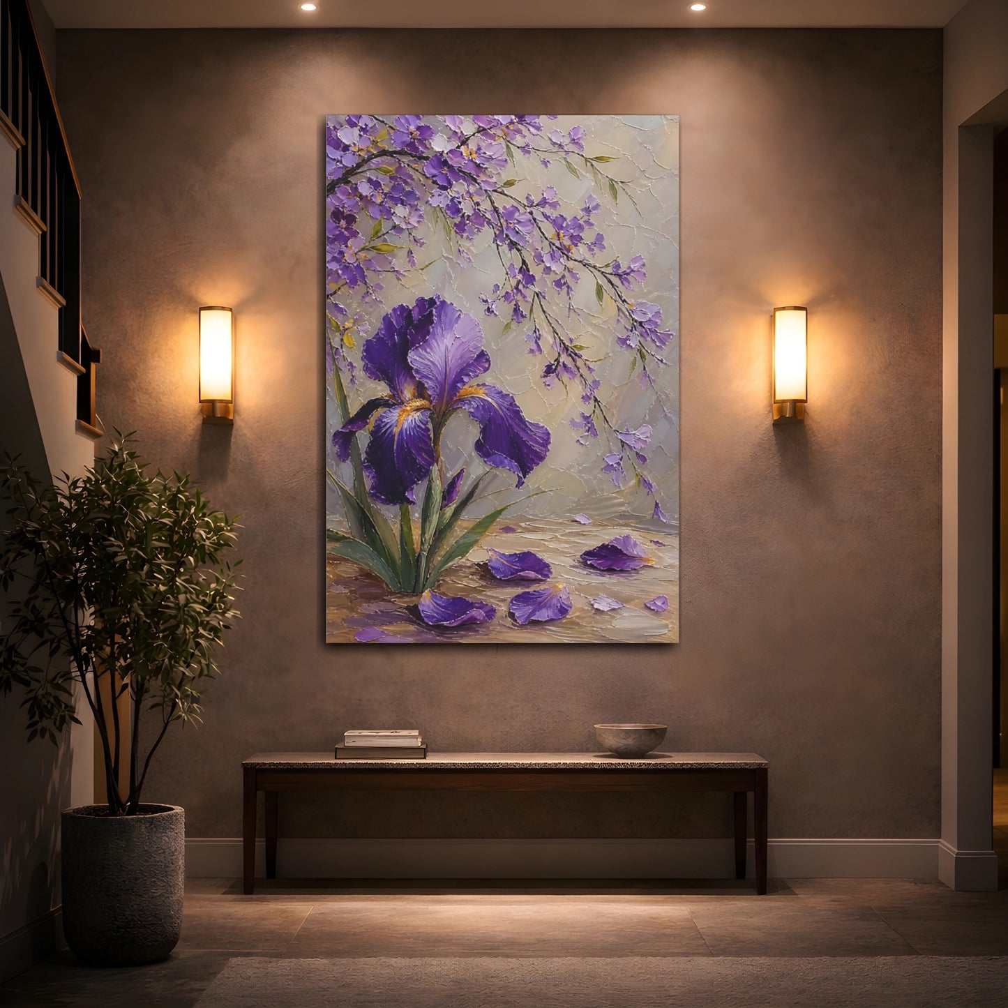 Mockup 2. Floral Iris Flower Purple Iris shown as stretched canvas wall art