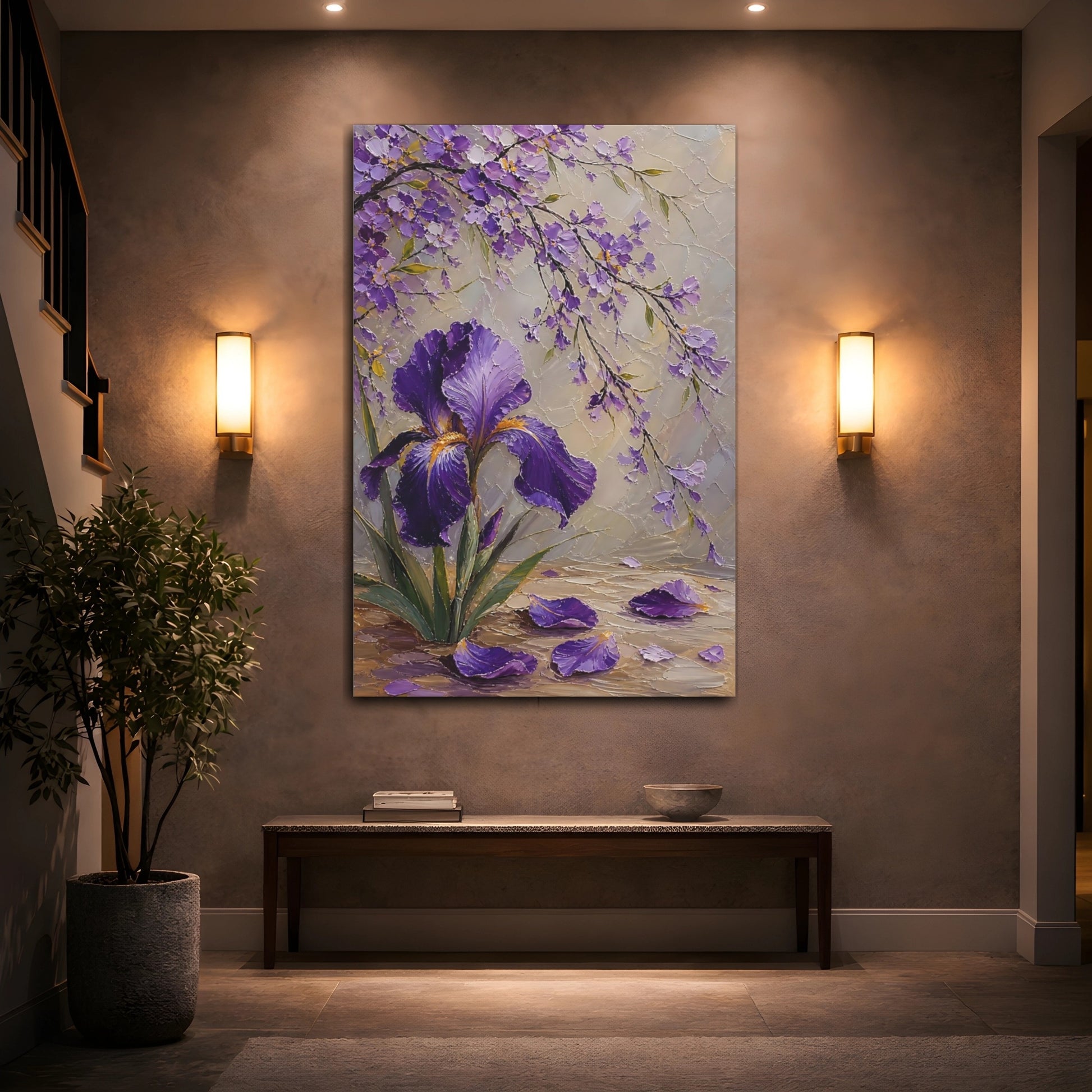 Mockup 2. Floral Iris Flower Purple Iris shown as stretched canvas wall art