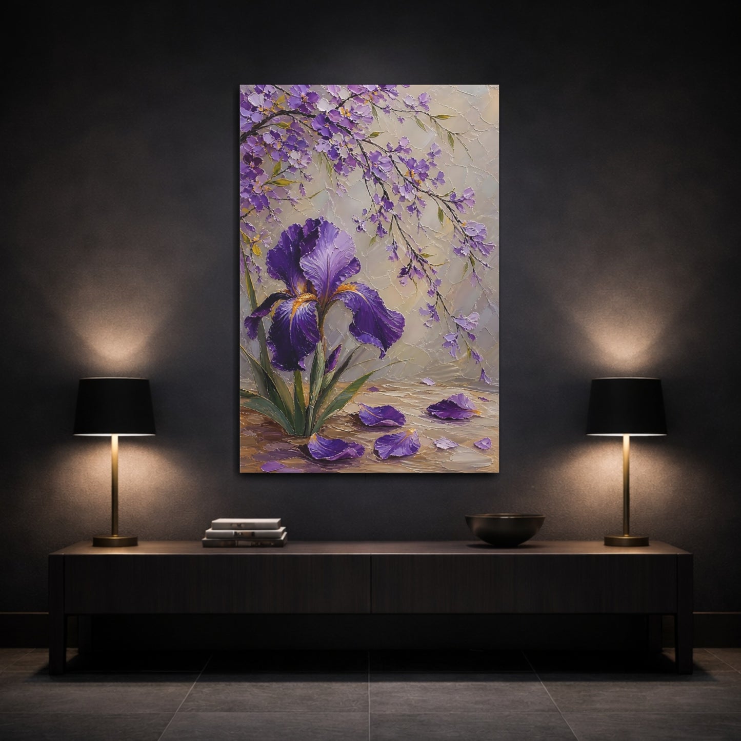 Mockup 3. Floral Iris Flower Purple Iris shown as stretched canvas wall art