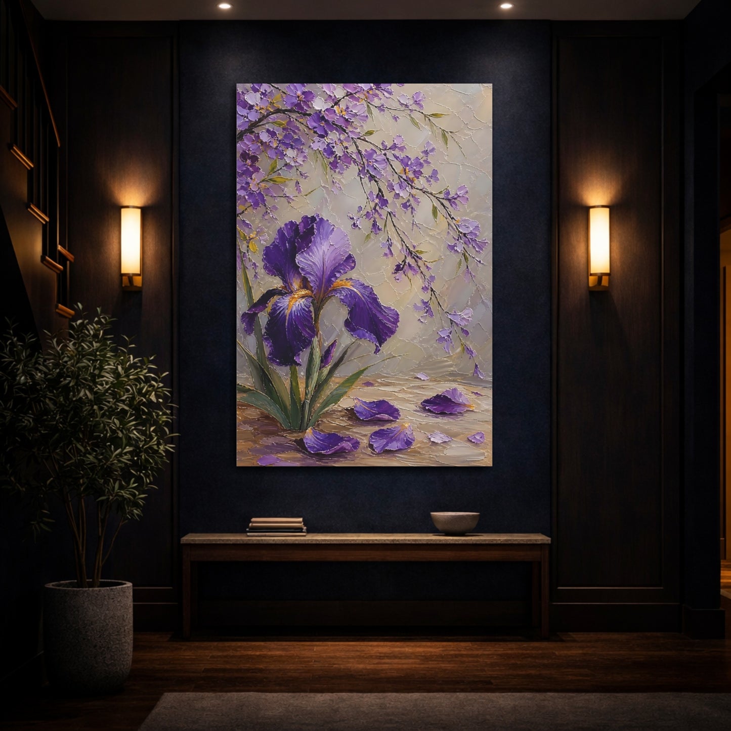 Mockup 4. Floral Iris Flower Purple Iris shown as stretched canvas wall art