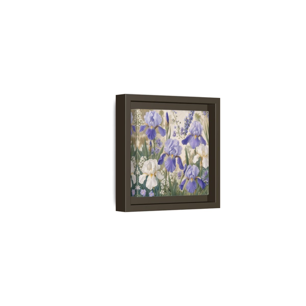 Side Mockup 23. Floral Iris Flowers Purple And White Iris shown as stretched canvas wall art