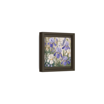 Side Mockup 23. Floral Iris Flowers Purple And White Iris shown as stretched canvas wall art