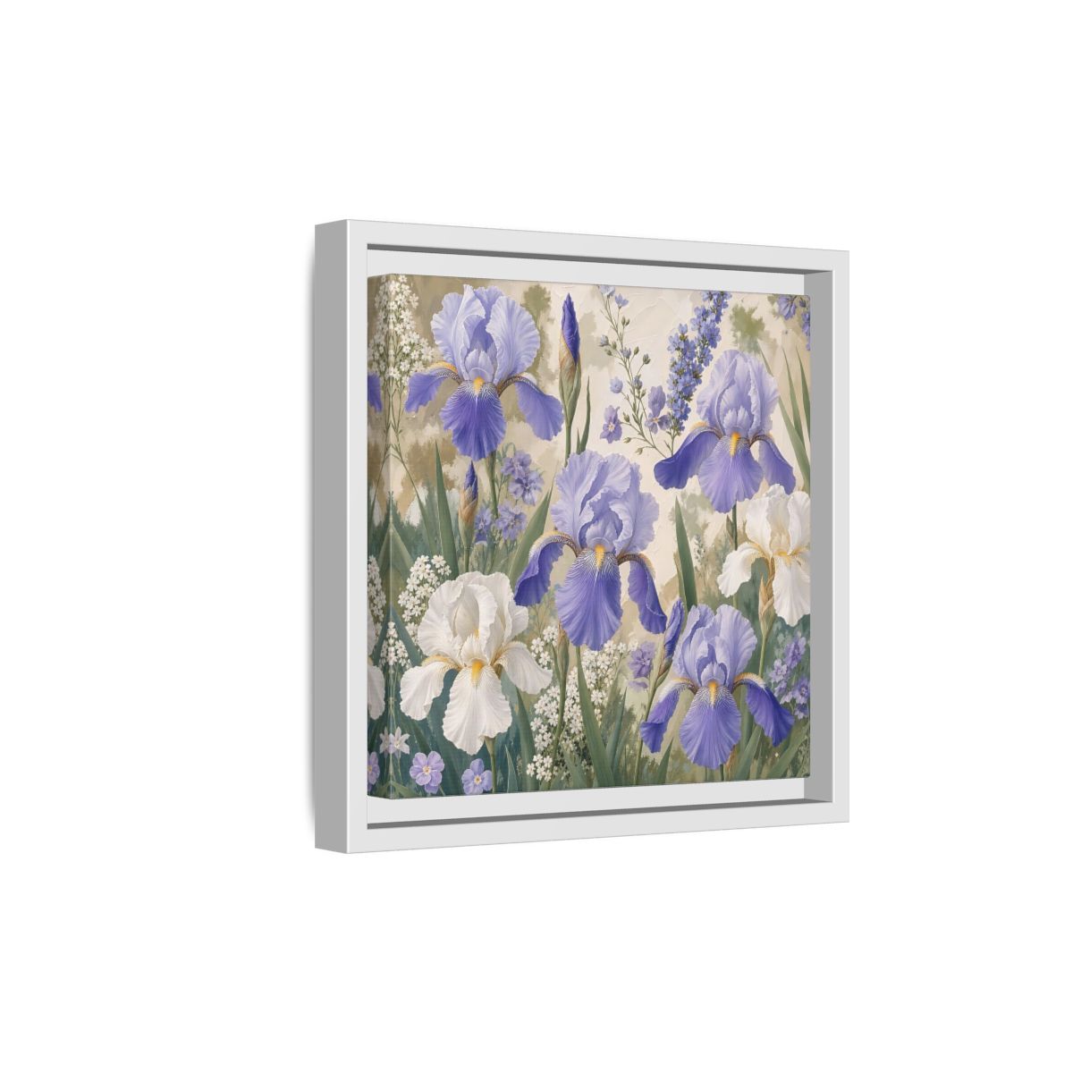 Side Mockup 19. Floral Iris Flowers Purple And White Iris shown as stretched canvas wall art