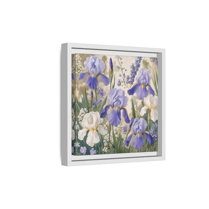 Side Mockup 19. Floral Iris Flowers Purple And White Iris shown as stretched canvas wall art