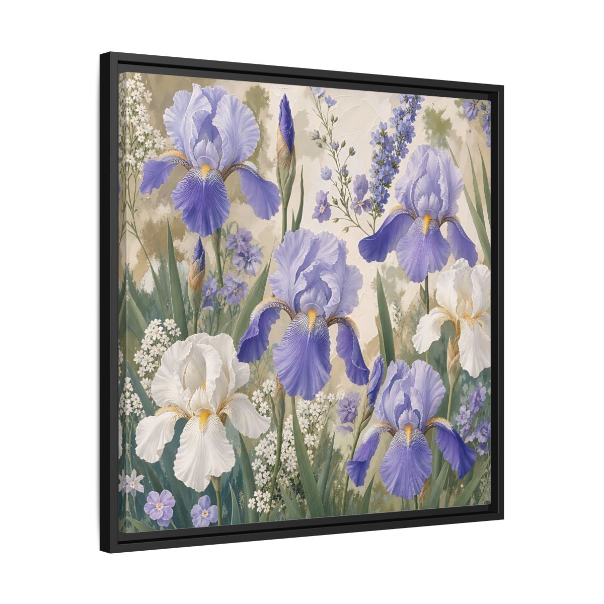 Side Mockup 31. Floral Iris Flowers Purple And White Iris shown as stretched canvas wall art