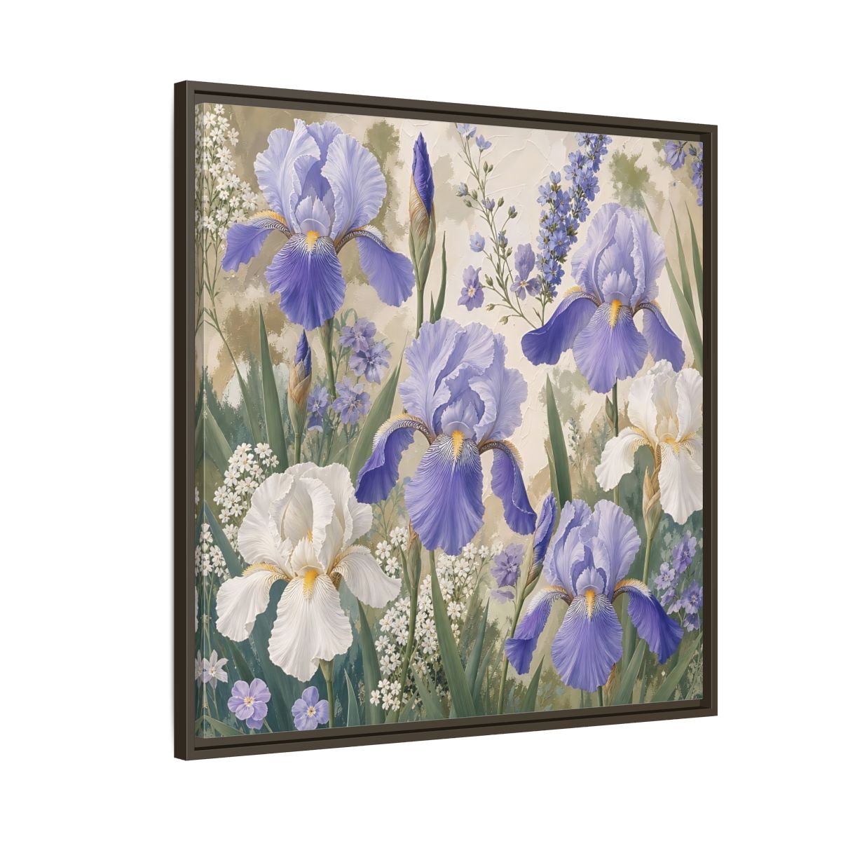 Side Mockup 8. Floral Iris Flowers Purple And White Iris shown as stretched canvas wall art