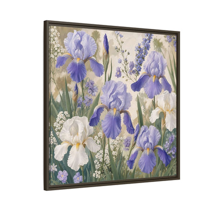 Side Mockup 8. Floral Iris Flowers Purple And White Iris shown as stretched canvas wall art