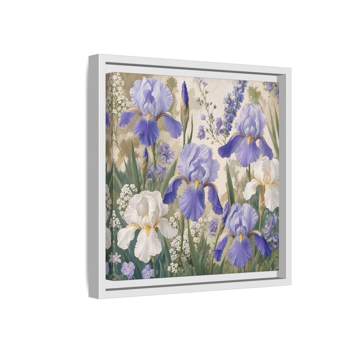 Side Mockup 16. Floral Iris Flowers Purple And White Iris shown as stretched canvas wall art