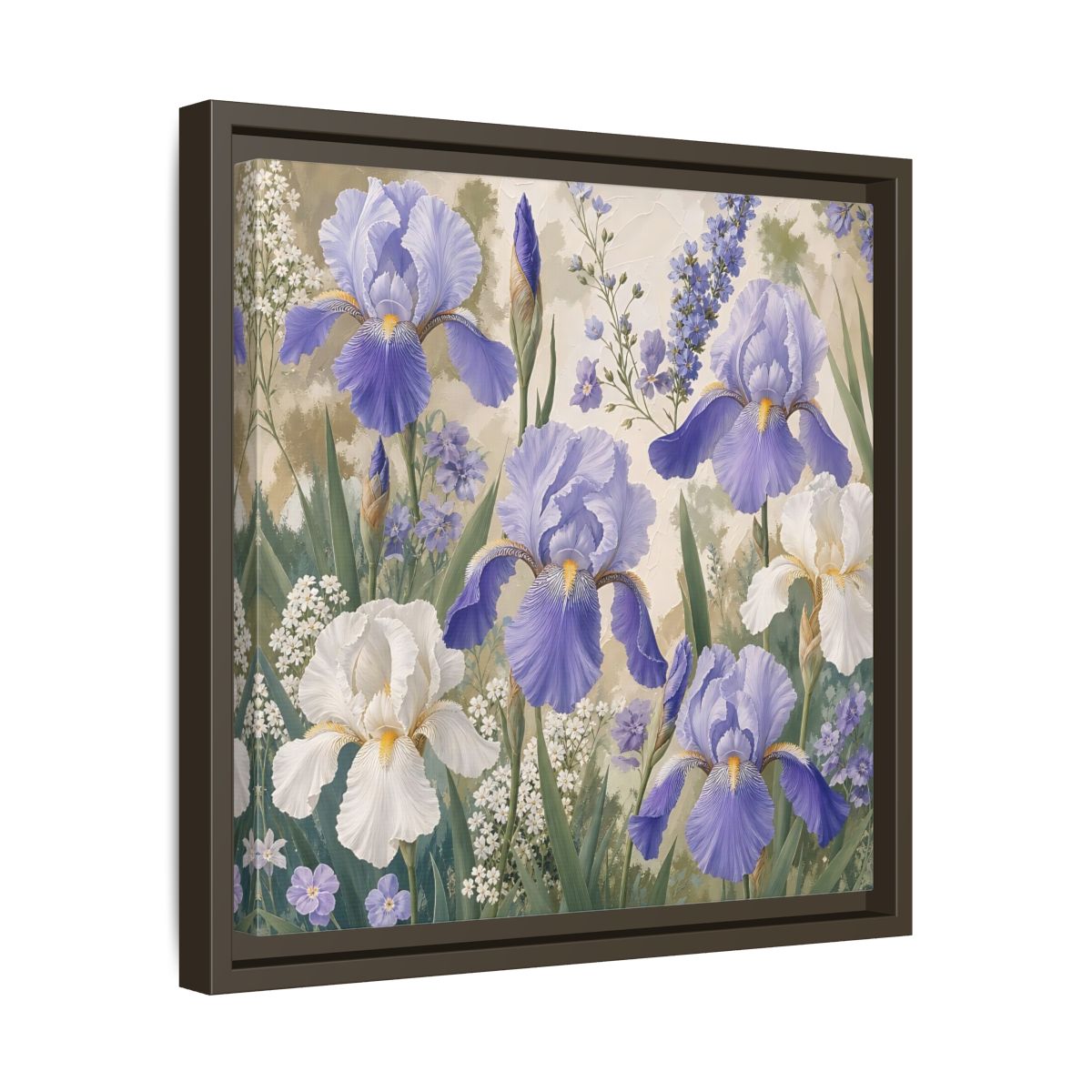 Side Mockup 29. Floral Iris Flowers Purple And White Iris shown as stretched canvas wall art