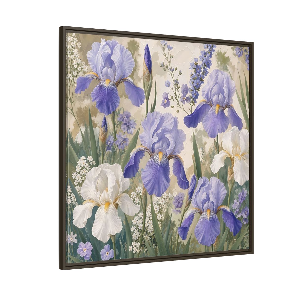 Side Mockup 5. Floral Iris Flowers Purple And White Iris shown as stretched canvas wall art