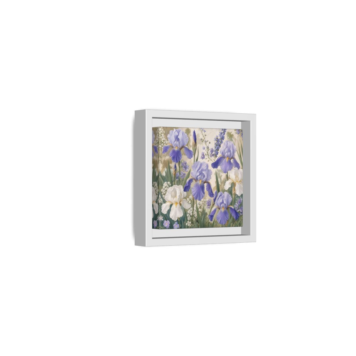 Side Mockup 22. Floral Iris Flowers Purple And White Iris shown as stretched canvas wall art