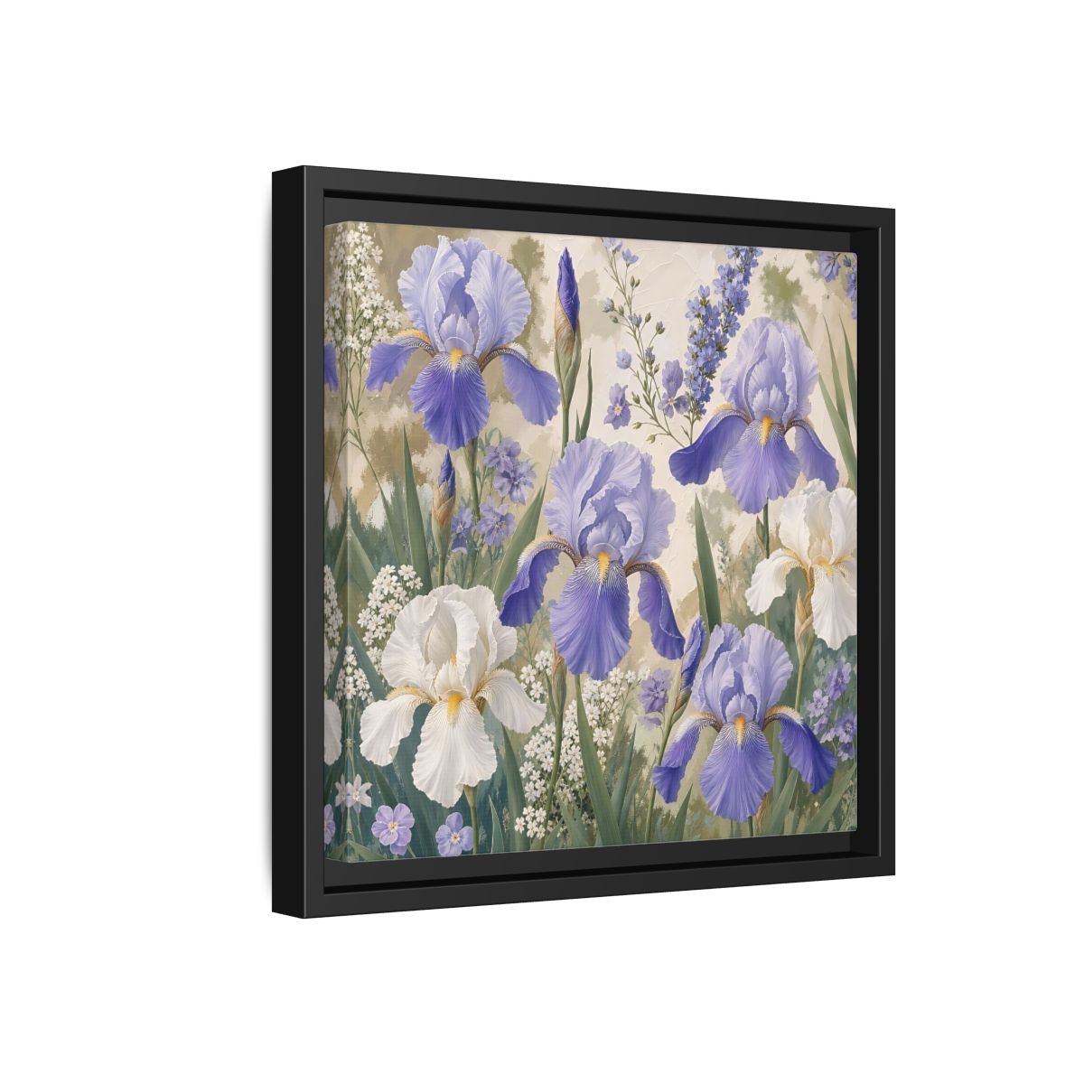 Side Mockup 18. Floral Iris Flowers Purple And White Iris shown as stretched canvas wall art