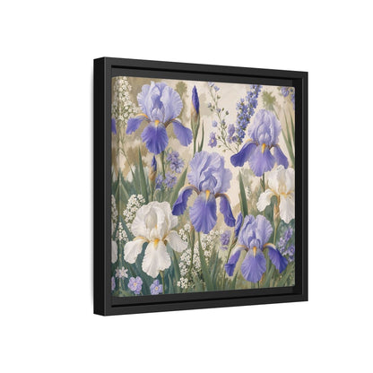 Side Mockup 18. Floral Iris Flowers Purple And White Iris shown as stretched canvas wall art