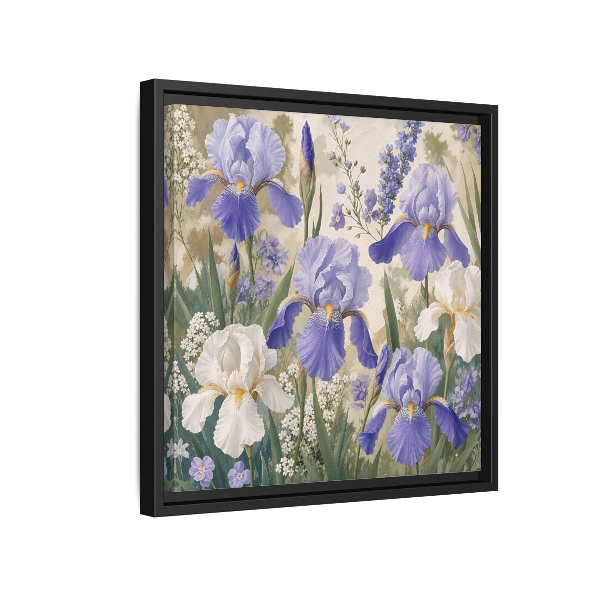 Side Mockup 15. Floral Iris Flowers Purple And White Iris shown as stretched canvas wall art