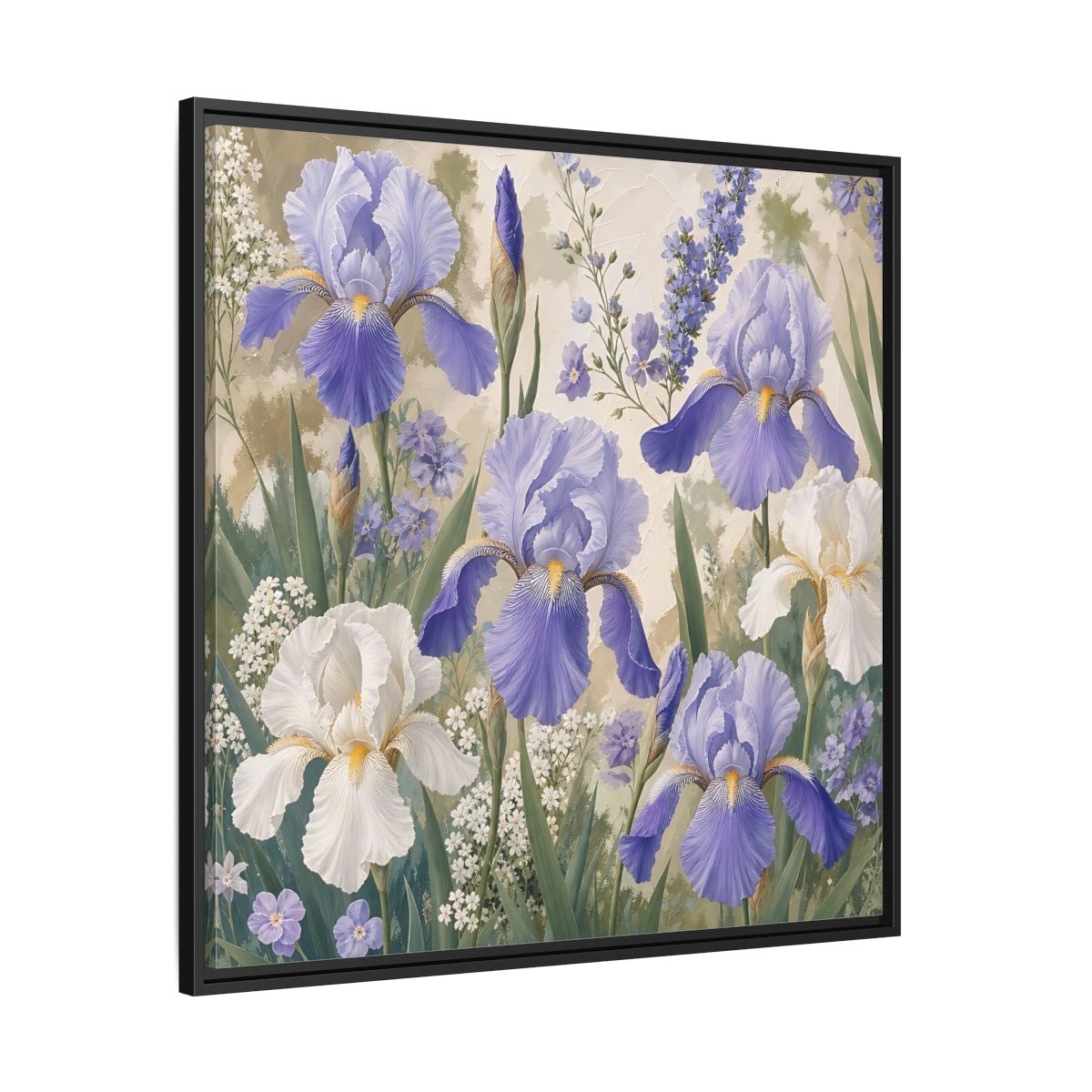 Side Mockup 30. Floral Iris Flowers Purple And White Iris shown as stretched canvas wall art