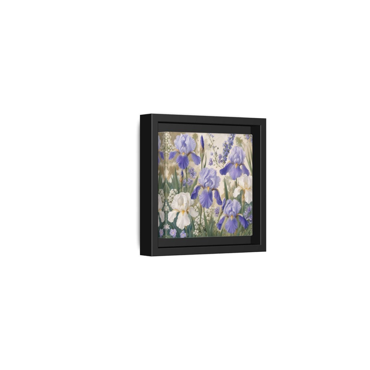 Side Mockup 24. Floral Iris Flowers Purple And White Iris shown as stretched canvas wall art