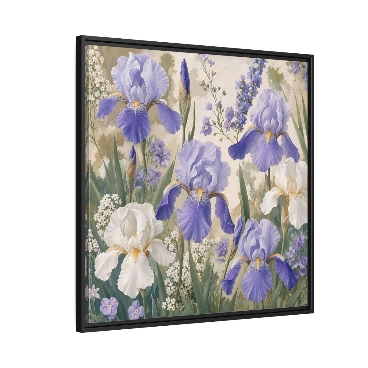 Side Mockup 9. Floral Iris Flowers Purple And White Iris shown as stretched canvas wall art
