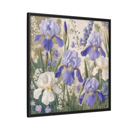 Side Mockup 9. Floral Iris Flowers Purple And White Iris shown as stretched canvas wall art