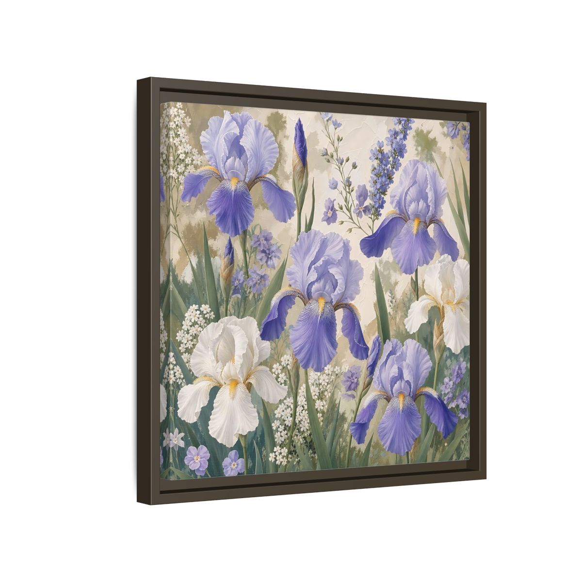Side Mockup 14. Floral Iris Flowers Purple And White Iris shown as stretched canvas wall art
