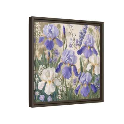 Side Mockup 14. Floral Iris Flowers Purple And White Iris shown as stretched canvas wall art