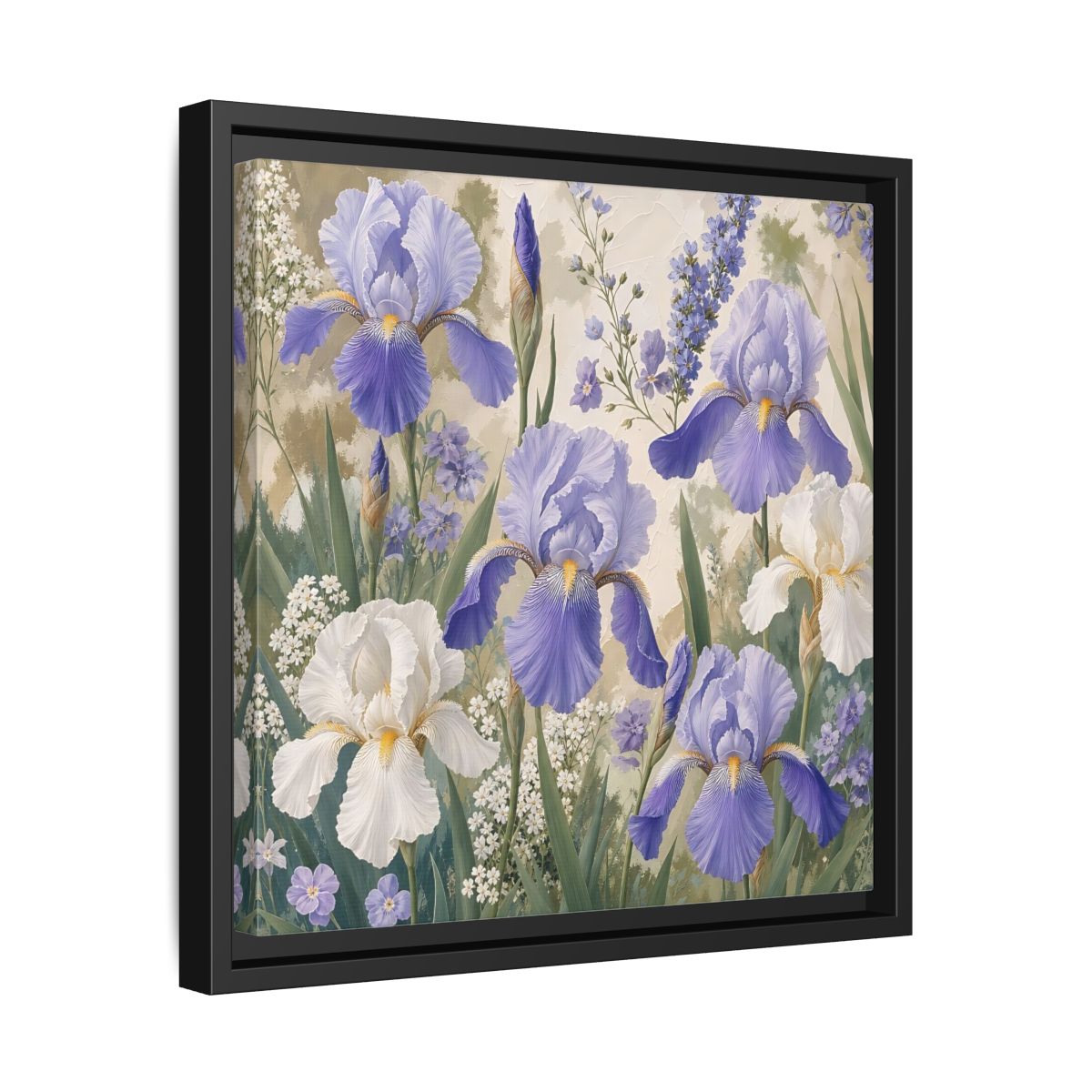 Side Mockup 32. Floral Iris Flowers Purple And White Iris shown as stretched canvas wall art