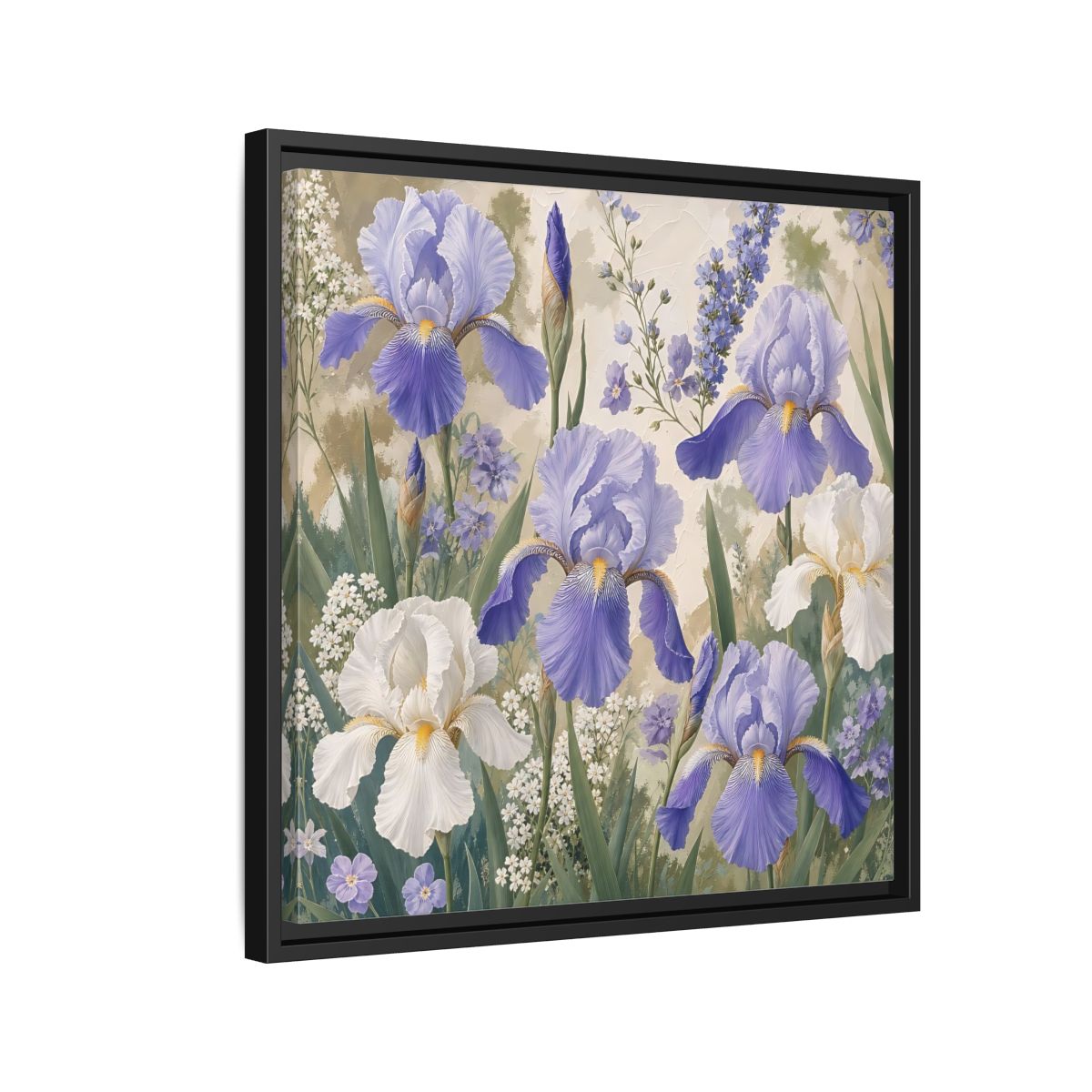 Side Mockup 12. Floral Iris Flowers Purple And White Iris shown as stretched canvas wall art