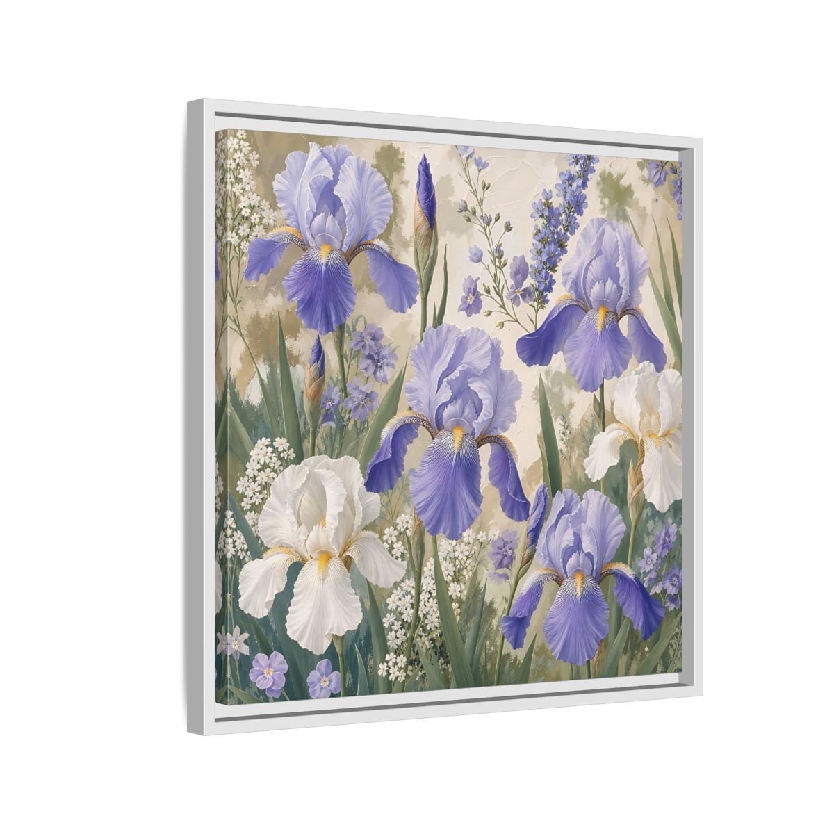 Side Mockup 10. Floral Iris Flowers Purple And White Iris shown as stretched canvas wall art