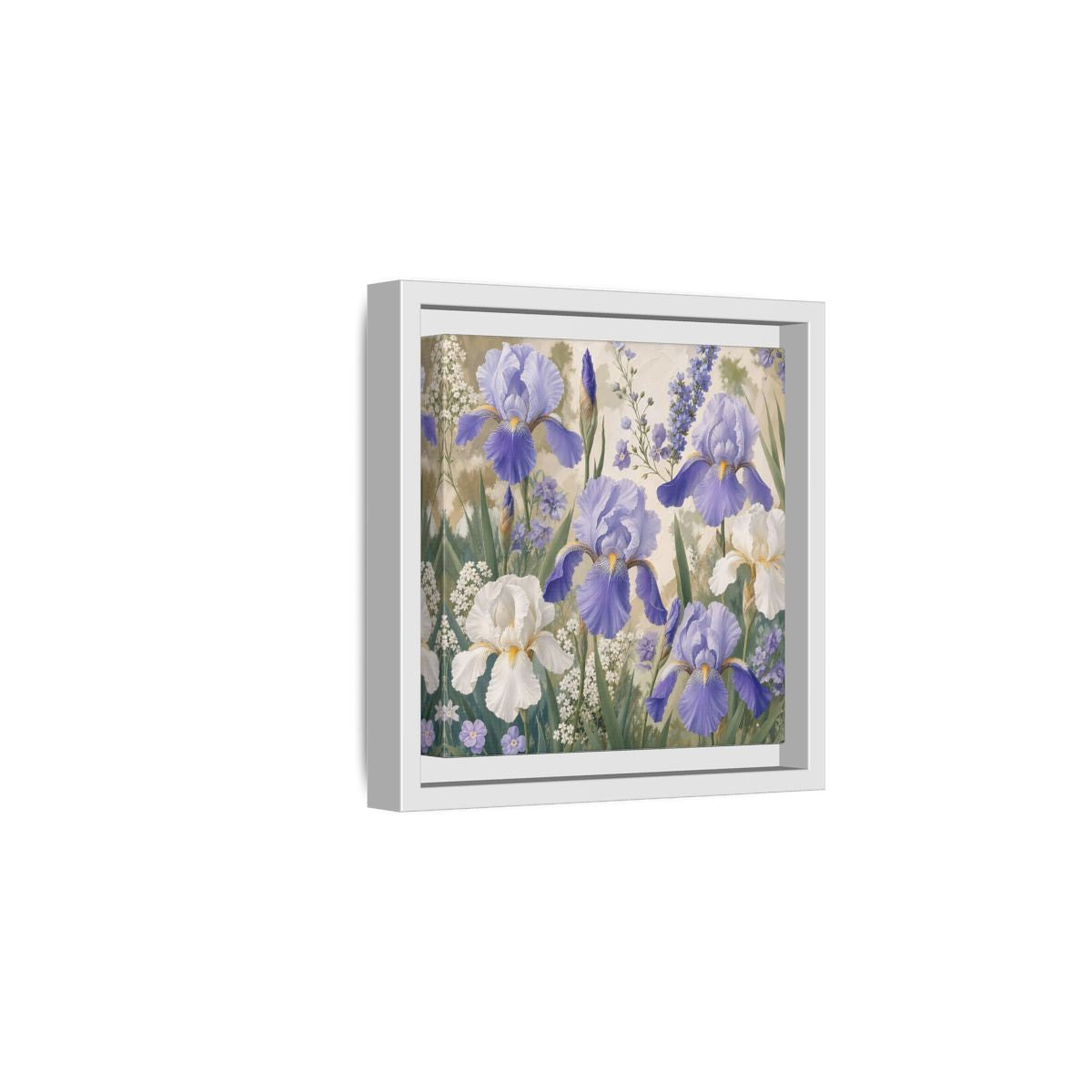 Side Mockup 1. Floral Iris Flowers Purple And White Iris shown as stretched canvas wall art